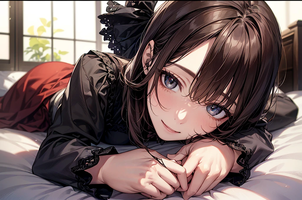 (Biologically correct limb count)、Full body, including face、4K、masterpiece、Focus on the face、Well-proportioned facial features、Delicate descriptive eyes、One beautiful woman、Excellent style、(head band、Gothic ta、Red and black clothes、High heels)、(smile)、(Close-up photo of the upper body)、look up、Photos with white borders、Looking into the camera、Lie down in bed、