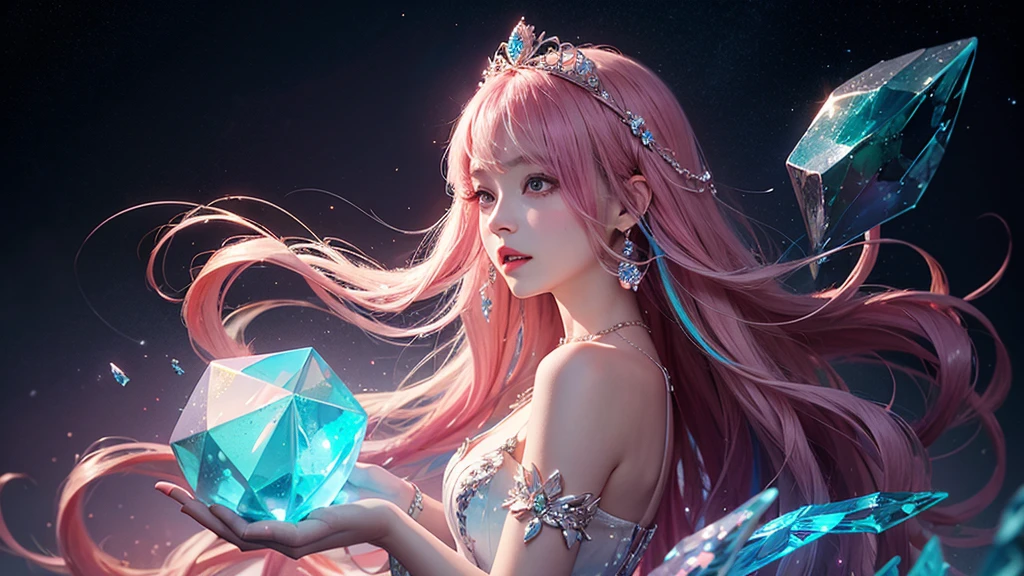 Highest quality，masterpiece，16K，One girl, bangs, Exposing shoulders, chest, Crown, crystallization, dress, From the side, gem,Colorful crystallizations,Crystal Headwear,There are many crystallizations on the clothes,Colorful Gradient Hair,カラフルなdress,Colorful crystals floating,Body crystals,Crystal Necklace,Colorful crystallization decoration,crystalline girl, Gradient Hair, jewelry, Long Hair, compensate, medium chest, Multicolored Hair, Pink Hair, alone, tiara
