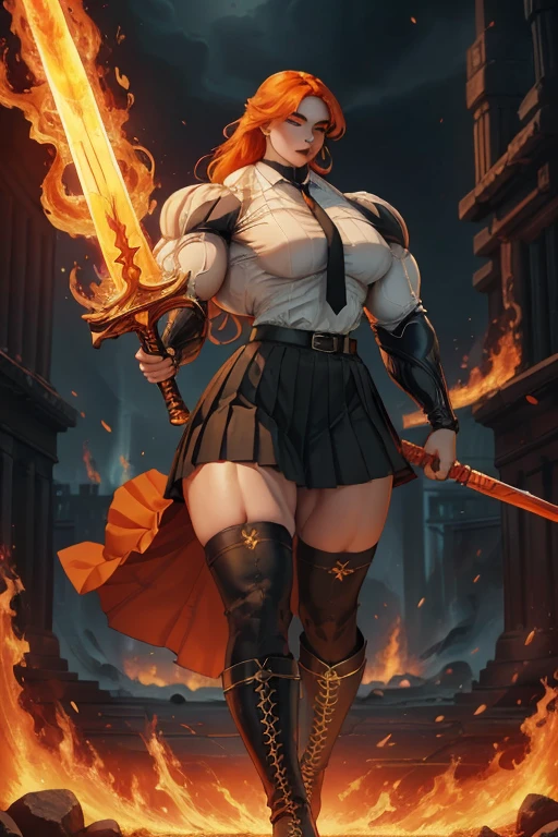 ((Massive tall, beautiful, buff, pale white skinned muscular woman with orange hair, black lipstick, ginormous bulky muscles, carrying a fire sword and wearing a orange long sleeve pleated shirt with beautiful long pleated skirt)), ((close view)), (massive muscles), long shaggy hair, green eyes, choker, ((orange long sleeve pleated shirt and tie)), neck tie, ((beautiful long pleated skirt)), belt, thigh high socks, black boots, (in a fire city), closed smile, night, massive muscles