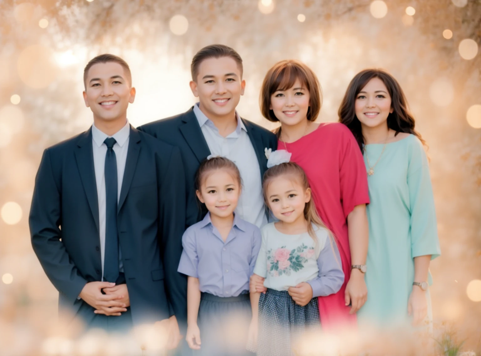 a realistic family photo showing harmony. This family consists of seven people: 50 year old father, 40 year old mother, two boys aged 25 and 20 years old, and three daughters aged 17, 14, and 11 years. Father and mother stand in the middle with warm smiles., surrounded by their children. Father wore a neat shirt and trousers., giving the impression of maturity and responsibility. Mother is wearing an elegant dress, radiating warmth and love. Both boys wore matching shirts and pants., reflect their maturity, while three girls wear cheerful dresses, showing the cheerfulness of their youth. The background is a beautiful green garden with shady trees and colorful flowers., create a strong atmosphere of happiness and family warmth."