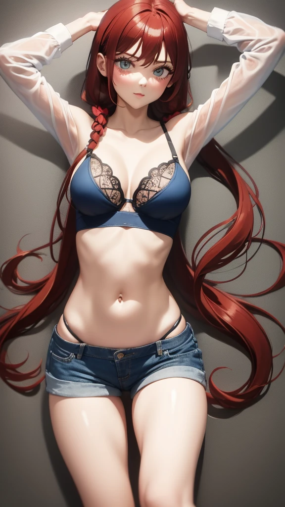 masterpiece, best quality, 1girl, solo, animegirl, ample bust, wearing blue bra, stomach exposed, flat stomach,  denim shorts, thick thighs, belly, sexy, realistic physique, red hair, twintails, standing, hands behind head, armpit