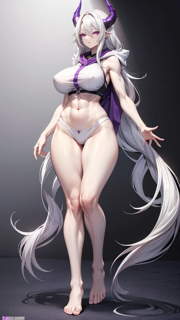 Adult woman with long white hair, Huge breasts, gray skin，Demon horn，Purple Eyes，White top，Bare waist，Abdominal muscles，Bare arms，Hood cloth，Bare Legs，barefoot，Standing