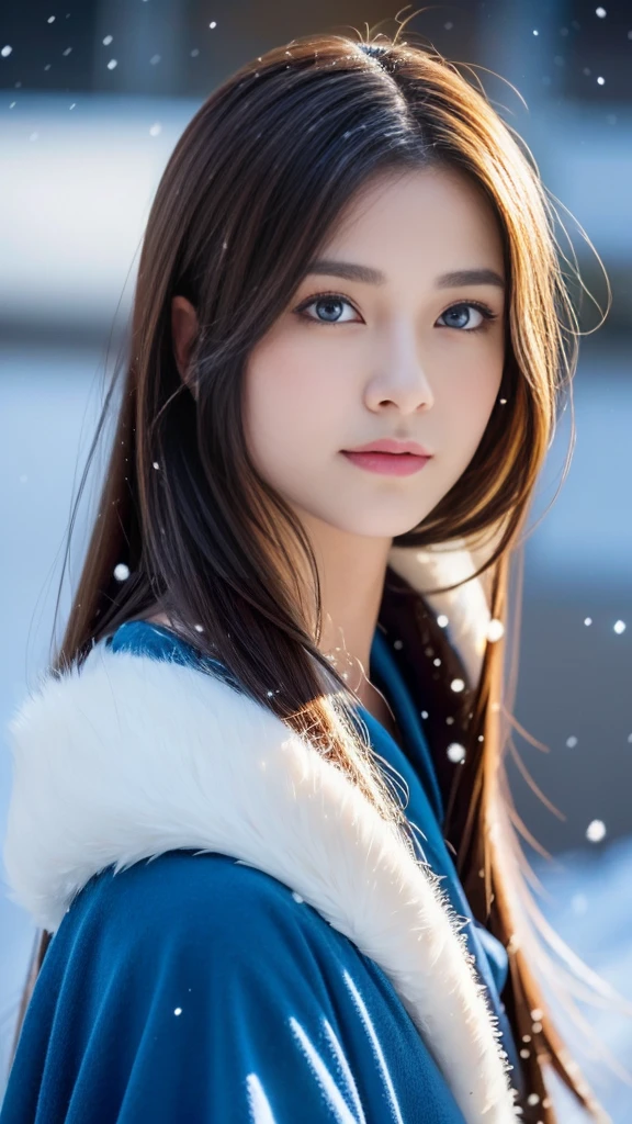 (highest quality, 8k, 32K,details are very clear),Realistic, High resolution, 1 Japanese Women, alone, (ta Costume),Gorgeous costumes,Facing the audience,(Upper Body,Upper limbs), Beautiful Eyes, brown hair, Ring-shaped eyes, (outside,Heavy snowfall,thick fur cape,Cover with snow),Snowfield,blue eyes,highest qualityのイラスト,Detailed facial features