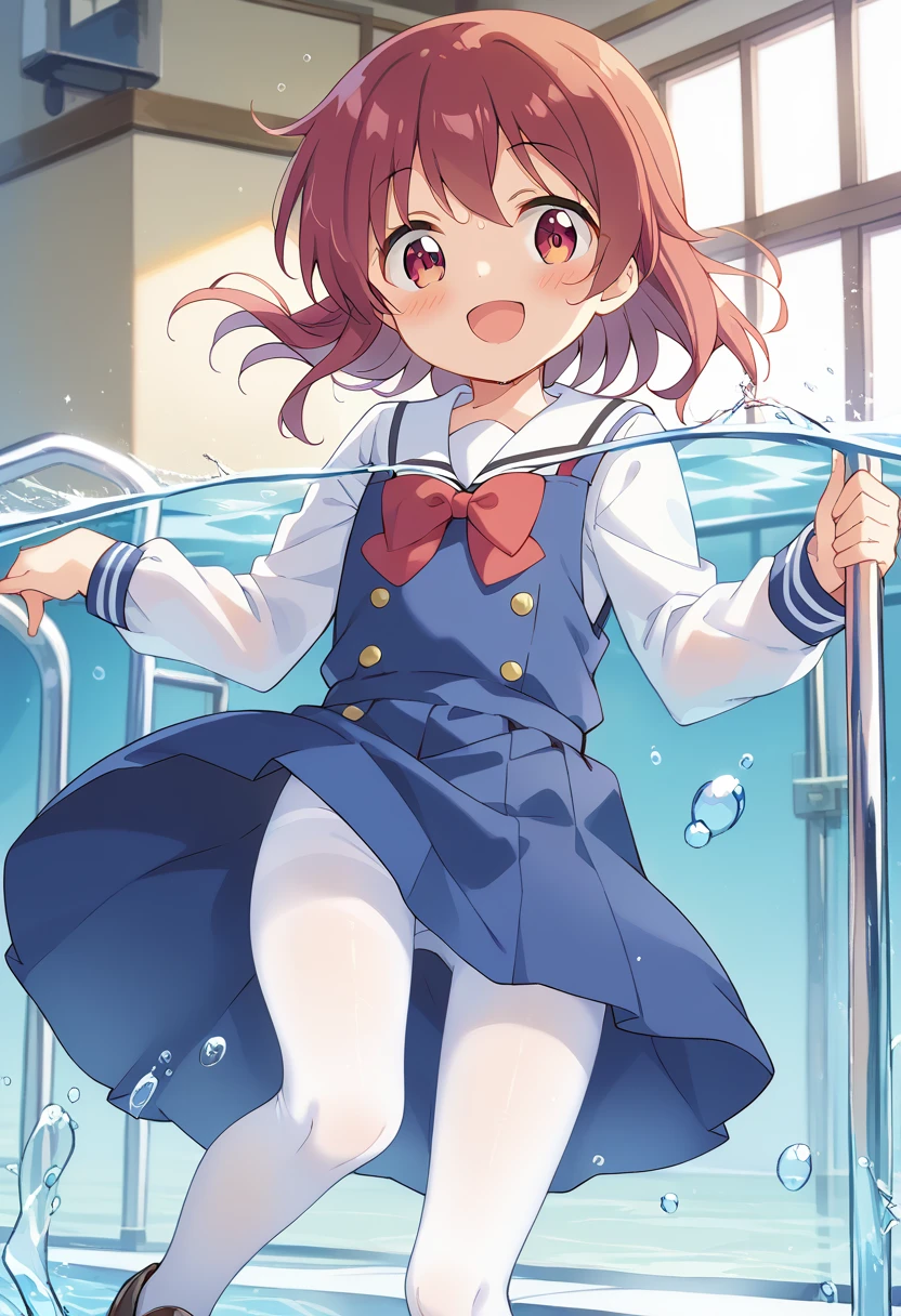 score_9, score_8_up, score_7_up, source_アニメ, masterpiece, 1girl, watahana, blue dress, sailor dress, pinafore dress, white sailor collar,white shirt, red bowtie, long sleeves, flat chest, white pantyhose, loafers, White socks、cowboy shot, looking at viewer, indoors, open mouth, shiny hair, smile, Open your mouth, cuteポーズ, (Completely flooded)、Immersed in water、Transparent pool, Water Play, Primary school students、Skirt fully open、Long wide skirt、cute、blush、Watery eye、Lots of water、Wet、((The skirt spreads over the water surface.))、(Drowning)、