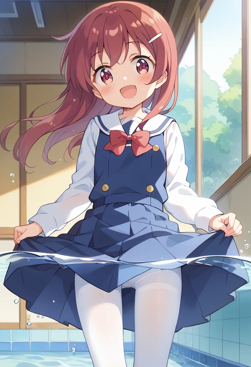 score_9, score_8_up, score_7_up, source_アニメ, masterpiece, 1girl, watahana, blue dress, sailor dress, pinafore dress, white sailor collar,white shirt, red bowtie, long sleeves, flat chest, white pantyhose, loafers, White socks、cowboy shot, looking at viewer, indoors, open mouth, shiny hair, smile, Open your mouth, cuteポーズ, (Completely flooded)、Immersed in water、Transparent pool, Water Play, Primary school students、Skirt fully open、Long wide skirt、cute、blush、Watery eye、Lots of water、Wet、((The skirt spreads over the water surface.))、(Drowning)、
