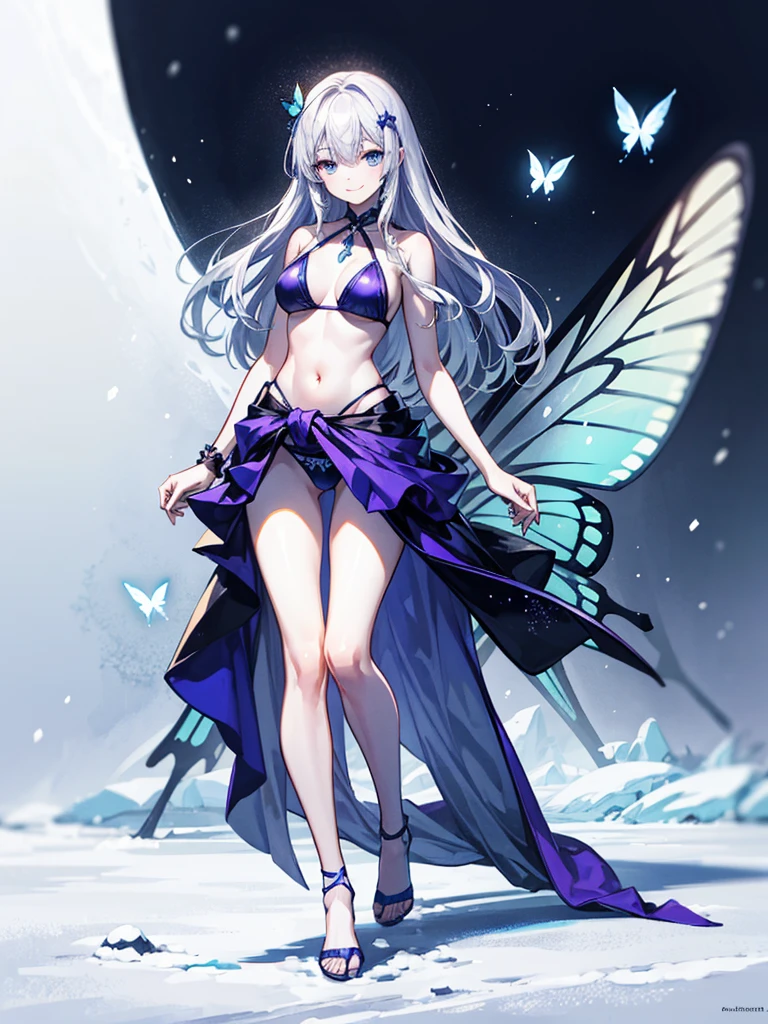 (((masterpiece、Highest image quality、highest quality、highly detailed unity 8kwallpaper)))、
32k, 1girl, solo,
Girl, heavy bangs, long hair to the waist, silver hair, gradation of red-purple tips, ice blue eyes, butterfly princess, snow-white skin, swimsuit, simple bikini, smile, full body