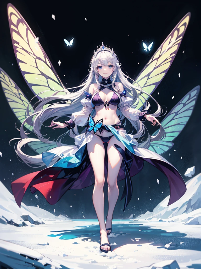 (((masterpiece、Highest image quality、highest quality、highly detailed unity 8kwallpaper)))
32k, 1girl, solo,
Girl, heavy bangs, long hair to the waist, silver hair, gradation of red-purple tips, ice blue eyes, butterfly princess, snow-white skin, swimsuit, simple bikini, smile, full body