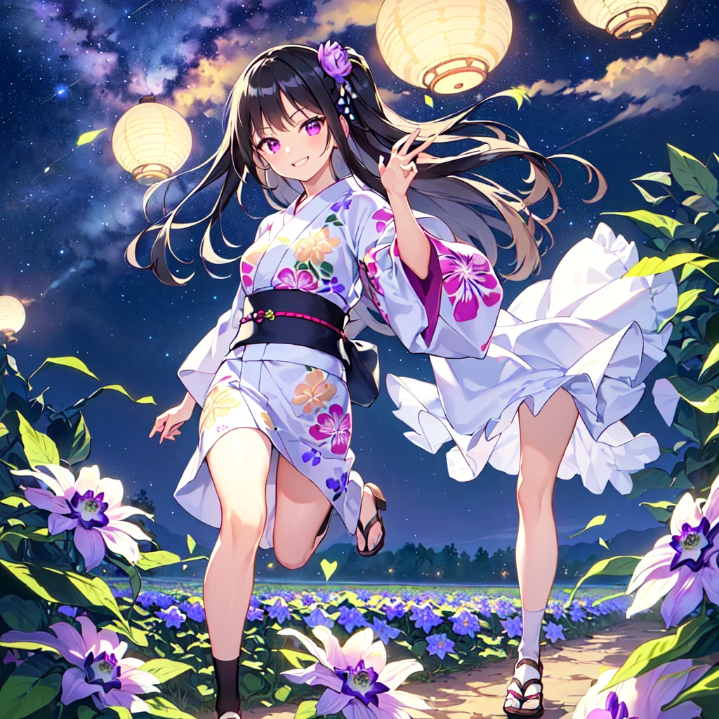 masterpiece, best quality, high quality, extremely detailed, very delicate and beautiful, (1 female 18 years old solo:1.5), (long black hair up to waist with two side up:1.5), bangs to eyebrows, eyes Eyes sharp, strong glossy glossy eyes, eyebrows glossy, (eye color magenta:1.3), 6.5 head height, (yukata Passiflora caerulea flower print:1.3), knee socks, lace, frills, (smiling), (running:1.3), (smiling), (dynamic pose), (background Passiflora caerulea flower field:1.3) , (Milky Way Night Sky: 1.3)