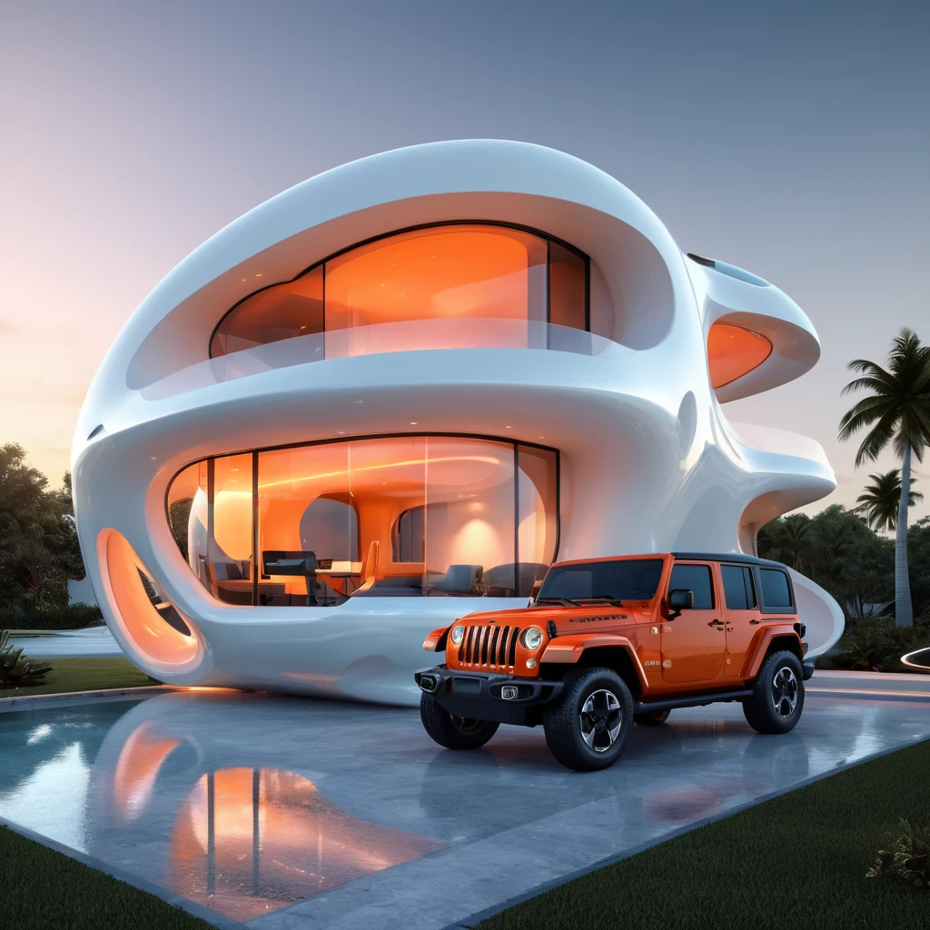 a futuristic house with a jeep wrangler parked in front of it, cgsocietywlop, beautiful curves, intricate devilish designs, qualia, interesting shapes & form, wow factor, elaborate polished, architectural rendering, miami, orange soft lighting in interior of house, futuristic battlefield, inspired by James E. Brewton, precise architectural rendering