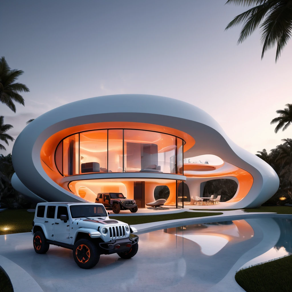 a futuristic house with a jeep wrangler parked in front of it, cgsocietywlop, beautiful curves, intricate devilish designs, qualia, interesting shapes & form, wow factor, elaborate polished, architectural rendering, miami, orange soft lighting in interior of house, futuristic battlefield, inspired by James E. Brewton, precise architectural rendering