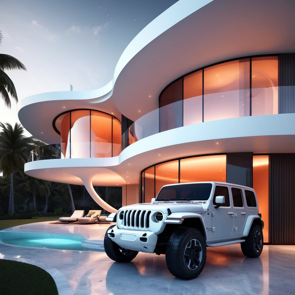 a futuristic house with a jeep wrangler parked in front of it, cgsocietywlop, beautiful curves, intricate devilish designs, qualia, interesting shapes & form, wow factor, elaborate polished, architectural rendering, miami, orange soft lighting in interior of house, futuristic battlefield, inspired by James E. Brewton, precise architectural rendering
