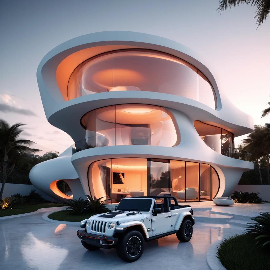 a futuristic house with a jeep wrangler parked in front of it, cgsocietywlop, beautiful curves, intricate devilish designs, qualia, interesting shapes & form, wow factor, elaborate polished, architectural rendering, miami, orange soft lighting in interior of house, futuristic battlefield, inspired by James E. Brewton, precise architectural rendering