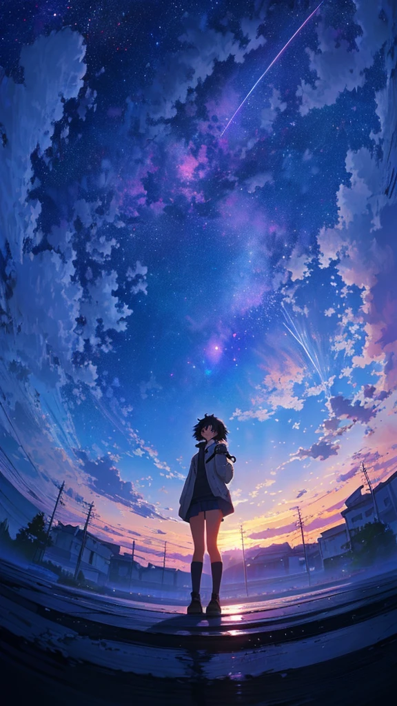 Anime girl looking up at the sky with an airplane flying overhead, cosmic sky. by makoto shinkai, makoto shinkai cyril rolando, in the style of makoto shinkai, ( ( By Shinkai Makoto ) ), Your Name, Anime style mixed with Fujifilm, Anime Sky, By Shinkai Makoto. - H 2160, By Shinkai Makoto!、octans、fish-eye lens 、