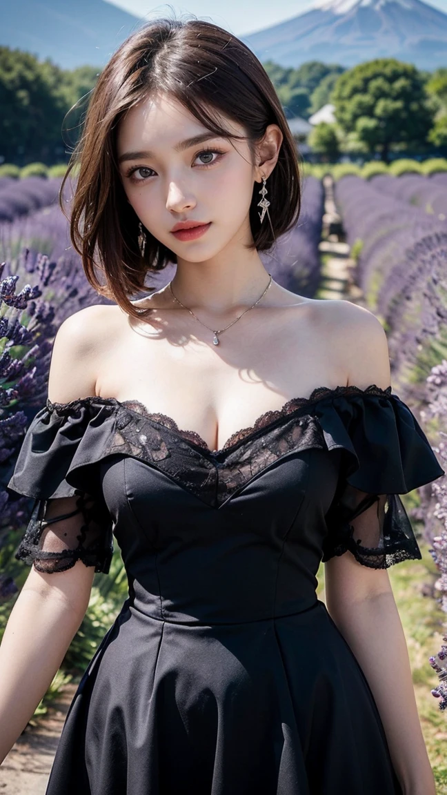 (masterpiece:1.3), 16k, high resolution, Very fine details, masterworks,(photorealistic, RAW photo, best quality:1.4), authentic texture, Texture of skin and clothing, light makeup, red lips, brown hair, beautiful hair, (medium hair:1.3),elegant, Very fine details, authentic texture, cinematic lighting realism, perfect work, exquisite features, (Detailed brown iris and black pupil),(Ultra-high resolution eye:1.1), Japanese idol, beautiful face, (gentle smile like a goddess), attractive, well-shaped breasts, beautiful cleavage, shiny skin, (((lace off shoulder gothic dress))),break, bright big eyes, smooth skin, (Heart shaped necklace),(Triangle ornament earrings),BREAK, (gentle smile like a goddess), Walking position, (Walking through lavender fields with Mt. Fuji in the background), (in Lavender Fields), (Lavender fields all around), shoot from below, (ground level shot), upper body,