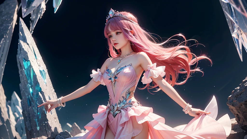 Highest quality,masterpiece,16K,One girl, bangs, Exposing shoulders, chest, Crown, crystallization, dress, From the side, gem,Colorful crystallizations,Crystal Headwear,There are many crystallizations on the clothes,Colorful Gradient Hair,カラフルなdress,Colorful crystals floating,Body crystals,Crystal Necklace,Colorful crystallization decoration,crystalline girl, Gradient Hair, jewelry, Long Hair, compensate, medium chest, Multicolored Hair, Pink Hair, alone, tiara