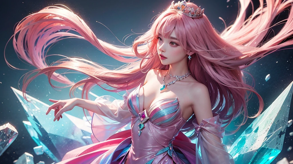 Highest quality,masterpiece,16K,One girl, bangs, Exposing shoulders, chest, Crown, crystallization, dress, From the side, gem,Colorful crystallizations,Crystal Headwear,There are many crystallizations on the clothes,Colorful Gradient Hair,カラフルなdress,Colorful crystals floating,Body crystals,Crystal Necklace,Colorful crystallization decoration,crystalline girl, Gradient Hair, jewelry, Long Hair, compensate, medium chest, Multicolored Hair, Pink Hair, alone, tiara