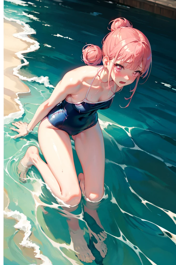 Random Swimsuit,Swimsuits in random colors,Blushing、Pink Hair、Pale pink eyes、Under-ear bun hairstyle、Head to toe full body、Blushing、Embarrassed look、Composition from the front、A view from slightly below、school swimwear、Acme Face、Random pose、, 、nsfw、Highest quality、1 girl、独奏、Ocean、Sandy Beach、Sexy pose、Random pose、Blushing、Wet、Embarrassed、I can see half of my 、、One piece swimsuit、(Strap slip:1.3)、