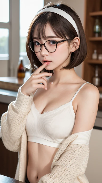 Tabletop, Highest quality, One Girl, (beautiful girl, Delicate girl:1.3), (23 years old:1.3), Definition of very fine particles, (Symmetrical eyes:1.3), bar counter, ( Off the shoulder、White camisole、Loose cardigan:1.2), Small breasts, Cleavage、Brown eyes, Show your forehead, Brown Hair, (Eye and facial details:1.0), (RAW Photos, Film Grain, chromatic aberration), (Bokeh: 1.1),,thin、Tear bags、Tanuki face、Drooping eyes、bob cut、Headband、Put your index finger to your lips、freckles、Round Glasses、(erect nipples)、belly button