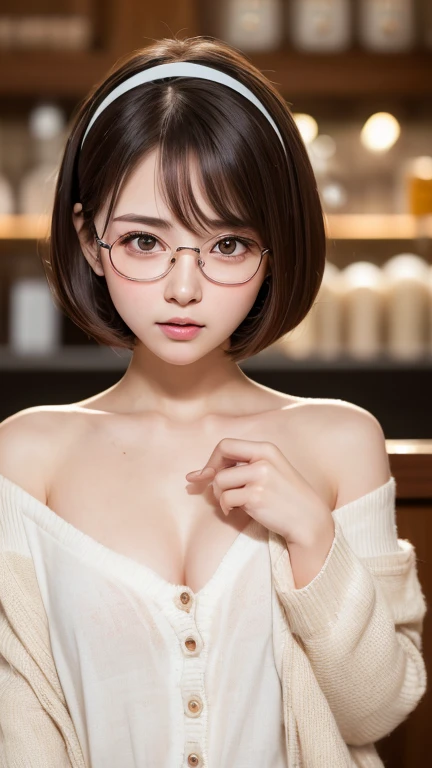 Tabletop, Highest quality, One Girl, (beautiful girl, Delicate girl:1.3), (23 years old:1.3), Definition of very fine particles, (Symmetrical eyes:1.3), bar counter, ( Off the shoulder、White camisole、Loose cardigan:1.2), Small breasts, Cleavage、Brown eyes, Show your forehead, Brown Hair, (Eye and facial details:1.0), (RAW Photos, Film Grain, chromatic aberration), (Bokeh: 1.1),,thin、Tear bags、Tanuki face、Drooping eyes、bob cut、Headband、Put your index finger to your lips、freckles、Round Glasses、(erect nipples)、belly button