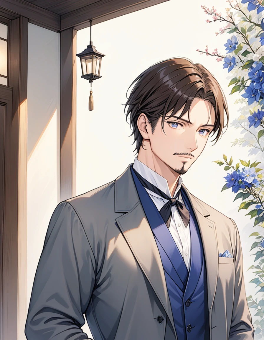 1man, mature male, parted bangs, medium-short hair, brown hair, muscular male celeb, short goatee, short mustache, indigo eyes, gentleman, elegant netori male, BREAK solo, white collared shirt, gray trench coat, black neck ribbon, in gentle sasaki style, visual novel, 2010s, extreme all detailed, masterpiece, best quality