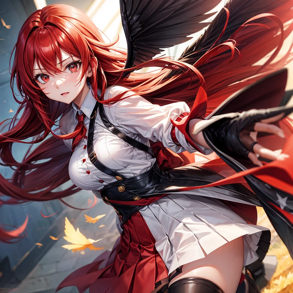 (Highest quality:1.2, Very detailed, up to date, Lonely look, Ultra-high resolution, High Contrast, masterpiece:1.2, Highest quality, Best aesthetics), Her red hair is tied in a high ponytail.

She is wearing a black dress shirt, A light grey vest with a silver phoenix emblem。The eyes are decorated with red jewels。, Red tailcoat with silver accents（Four tailcoats）, The design of the black pants is similar, Strap on left thigh, Black knee-high boots with silver shin guards, The black gloves still have the red insignia and finger chains., Big Red Wrist Guards.

Projecting Elemental Symbols While wearing the Red Dead of Night、No object appears as in vision, but、Switch to Diluc when you&#39;re ready for Elemental Burst., Projected elemental symbols that are usually seen over the visions of other characters、It can be seen above the red gem of the eye of the phoenix crest on the left side of her chest.。. Shine; Glitter, Holding a microphone,singer、Idol Group,stage、performance, Background Diverse Punk,きらめくstage、Concert atmosphere、Music Festival、, (Super detailed, The absolute solution, Highest quality:1.3), 2.5D, Subtle and dynamic effects, Lighting Effects, artistic, Hyper, Graphics CG Digital Art,An exciting atmosphere、Sing with all your heart、An unforgettable show。