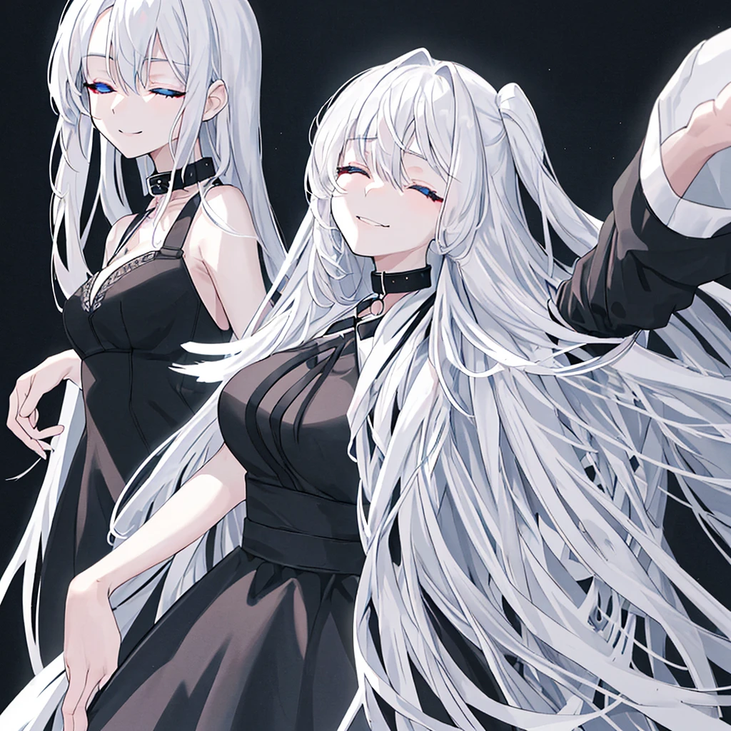 woman. straight face. Close your eyes.. I close my right eye.. bluish white hair. Long hair in the back. smile. black dress with collar.