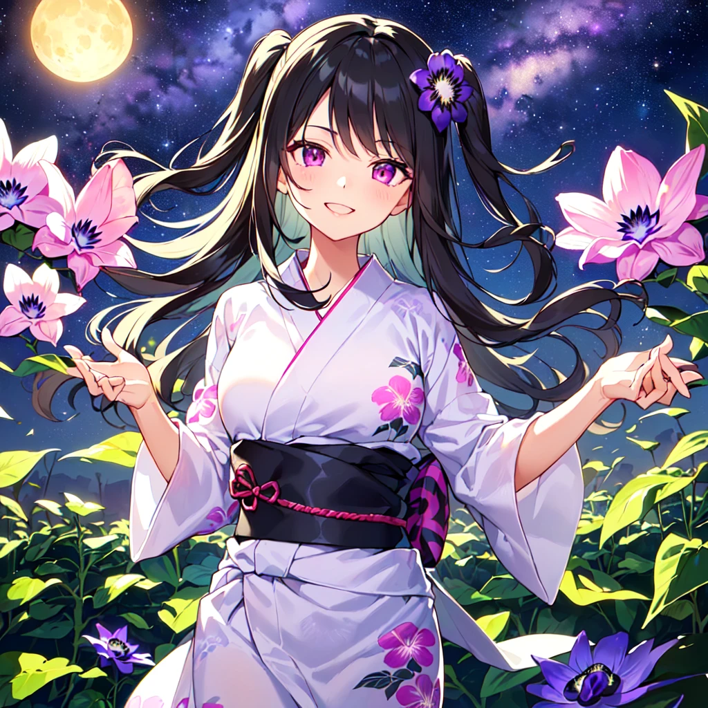 masterpiece, best quality, high quality, extremely detailed, very delicate and beautiful, (1 female 18 years old solo:1.5), (long black hair up to waist with two side up:1.5), bangs to eyebrows, eyes Eyes sharp, strong glossy glossy eyes, eyebrows glossy, (eye color magenta:1.3), 6.5 head height, (yukata Passiflora caerulea flower print:1.3), knee socks, lace, frills, (smiling), (running:1.3), (smiling), (dynamic pose), (background Passiflora caerulea flower field:1.3) , (Milky Way Night Sky: 1.3), (upper body:1.3)