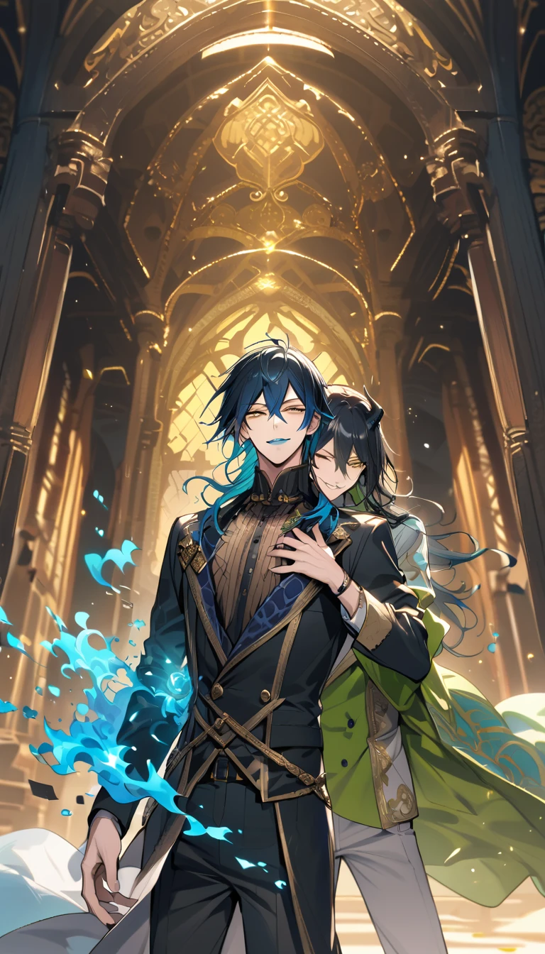 (pieces fly), (highest quality), very detailed, ((two men)), perfect face, beautiful face, very detailed face，full body shot, (black haired man:1.3)，(blue haired man:1.3)，suit，shirt，smile，flower, (1st boy,Idia Shroud, bishounen, boy, male, extremely long hair, blue hair, blue fire hair, wavy hair, yellow eyes, tired expression, blue lips, handsome, skinny, geeky, blue glow, shark teeth,) (2nd boy, malleus draconia \(twisted wonderland\) horns, bishounen, boy, male, long hair, black hair, yellow green eyes, smile, gray lips, handsome, skinny, tall, yellow green glow,)  Two men are hugging each,