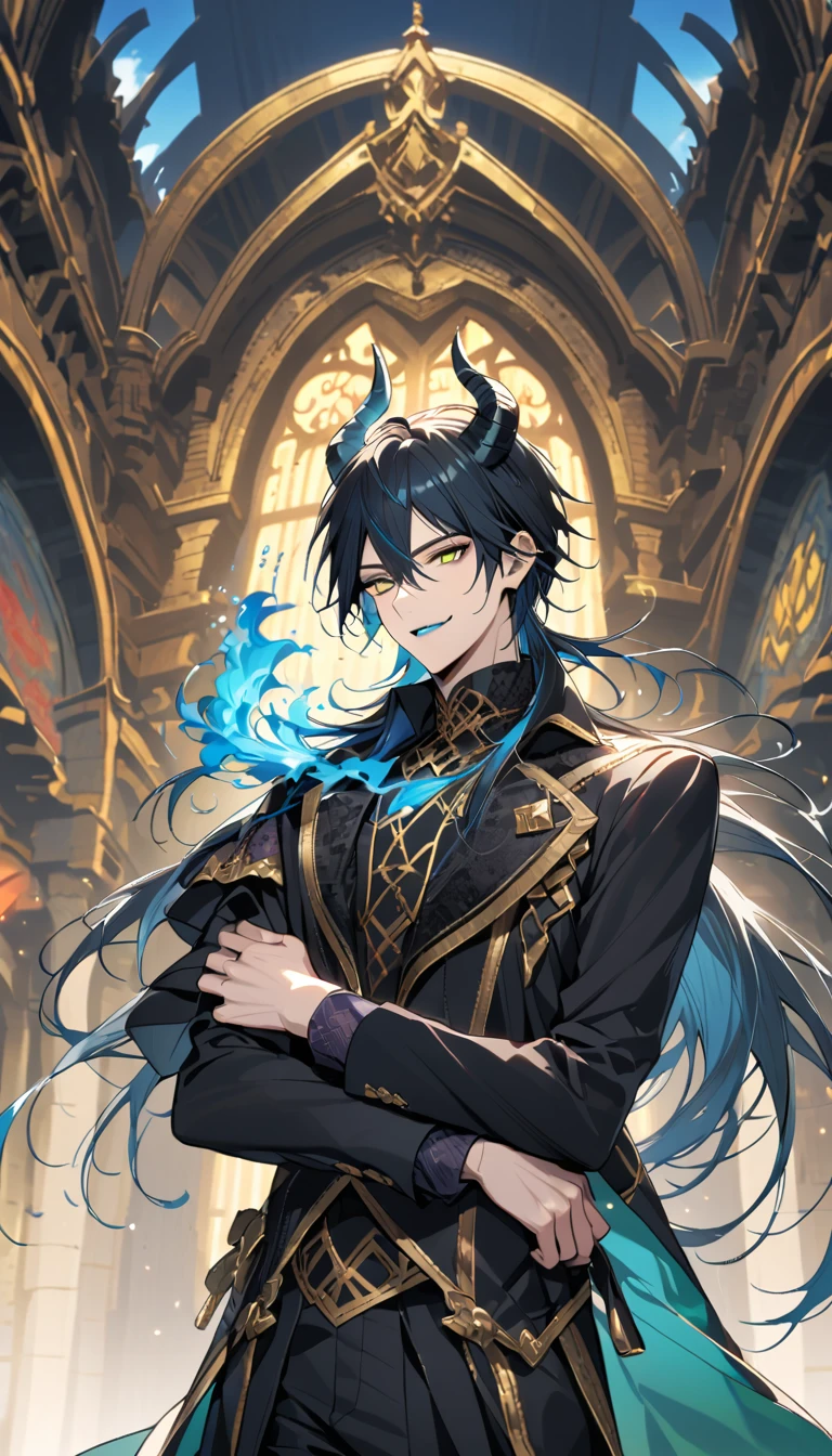 (pieces fly), (highest quality), very detailed, ((two men)), perfect face, beautiful face, very detailed face，full body shot, (black haired man:1.3)，(blue haired man:1.3)，suit，shirt，smile，flower, (1st boy,Idia Shroud, bishounen, boy, male, extremely long hair, blue hair, blue fire hair, wavy hair, yellow eyes, tired expression, blue lips, handsome, skinny, geeky, blue glow, shark teeth,) (2nd boy, malleus draconia \(twisted wonderland\) horns, bishounen, boy, male, long hair, black hair, yellow green eyes, smile, gray lips, handsome, skinny, tall, yellow green glow,)  Two men are hugging each,