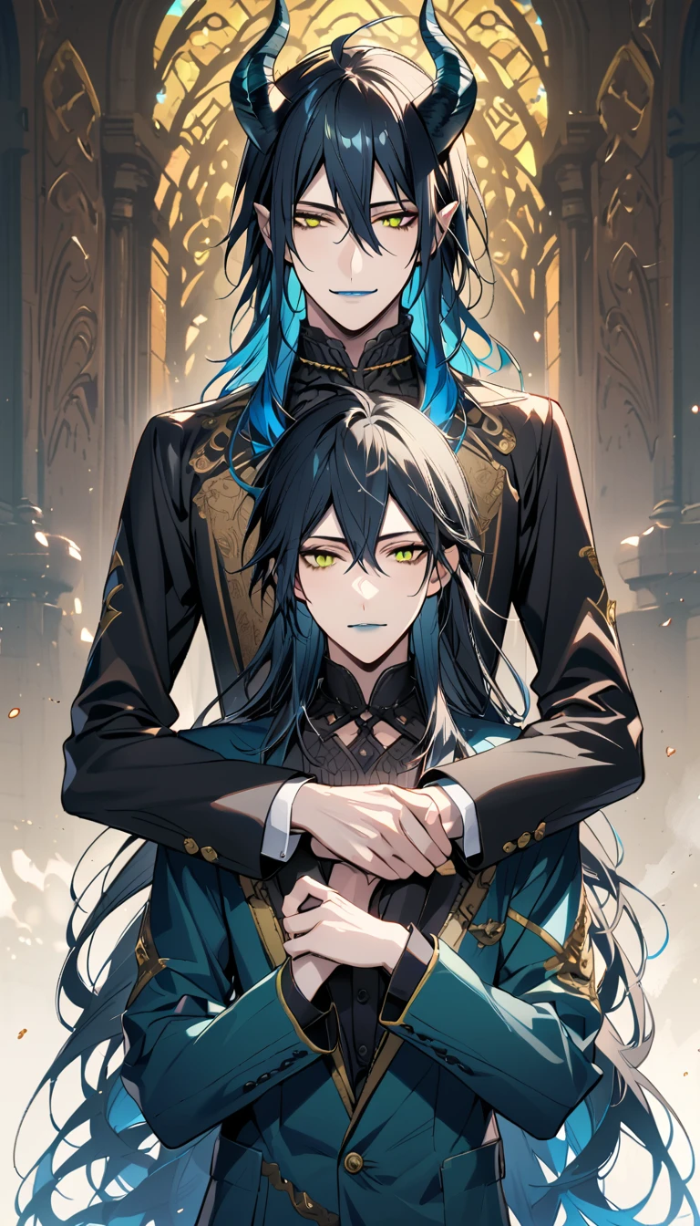 (pieces fly), (highest quality), very detailed, ((two men)), perfect face, beautiful face, very detailed face，full body shot, (black haired man:1.3)，(blue haired man:1.3)，suit，shirt，smile，flower, (1st boy,Idia Shroud, bishounen, boy, male, extremely long hair, blue hair, blue fire hair, wavy hair, yellow eyes, tired expression, blue lips, handsome, skinny, geeky, blue glow, shark teeth,) (2nd boy, malleus draconia \(twisted wonderland\) horns, bishounen, boy, male, long hair, black hair, yellow green eyes, smile, gray lips, handsome, skinny, tall, yellow green glow,)  Two men are hugging each,