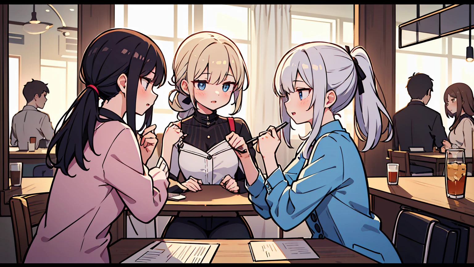 (masterpiece, best quality),Women with different faces and hairstyles, different hair colors, different faces, ponytail, letterboxed, perfection of fashion,chapped lips, casual attire, upper body, from the side,Jazz Cafe, The interior has a modern design,study at the table, eyes look at the note, together, stylish outfit,
