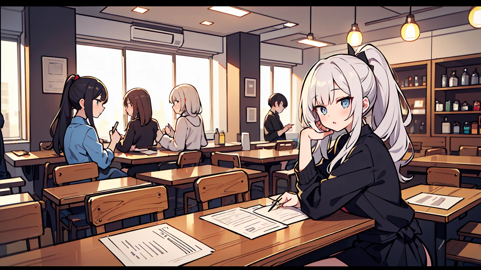 (masterpiece, best quality),Women with different faces and hairstyles, different hair colors, different faces, ponytail, letterboxed, perfection of fashion,chapped lips, casual attire, upper body, from the side,Jazz Cafe, The interior has a modern design,study at the table, eyes look at the note, together, stylish outfit,
