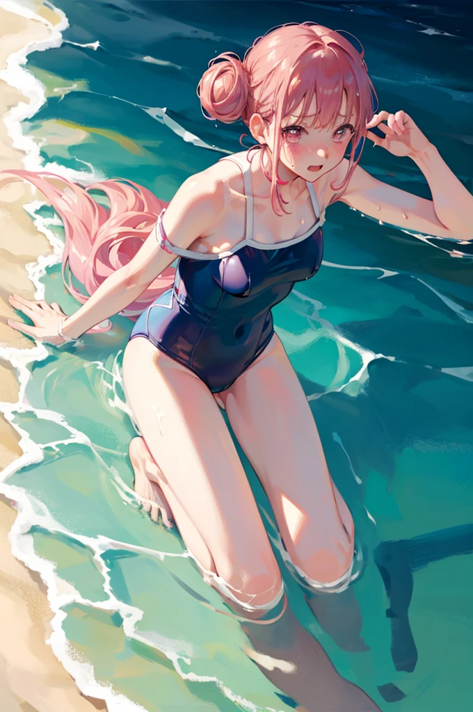 Random Swimsuit,Swimsuits in random colors,Blushing、Pink Hair、Pale pink eyes、Under-ear bun hairstyle、Head to toe full body、Blushing、Embarrassed look、Composition from the front、A view from slightly below、school swimwear、Acme Face、Random pose、, 、nsfw、Highest quality、1 girl、独奏、Ocean、Sandy Beach、Sexy pose、Random pose、Blushing、Wet、Embarrassed、I can see half of my 、、One piece swimsuit、(Strap slip:1.3)、