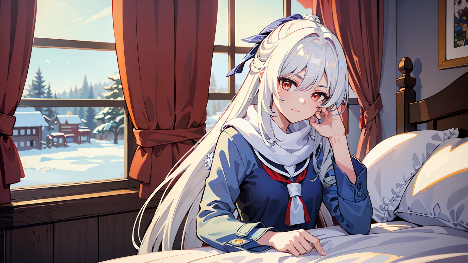 masterpiece, best quality, JingliuV5, white hair, long hair, red eyes, white dress, white sailor collar, white scarf, sitting on bed, indoors, bedroom, windows, blue sky, winter, snow, warm smile, upper body. closed mouth,