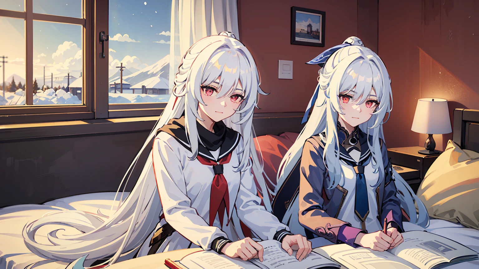 masterpiece, best quality, JingliuV5, white hair, long hair, red eyes, white dress, white sailor collar, white scarf, sitting on bed, indoors, bedroom, windows, blue sky, winter, snow, warm smile, upper body. closed mouth,