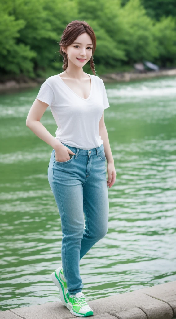 Realistic photos of (1 cute Korean star) blue french braid, thin makeup, slightly smile, 32 inch breasts size, green v-neck t-shirt, pants, walking in the firld, upper body portrait, UHD, green shoes, background river