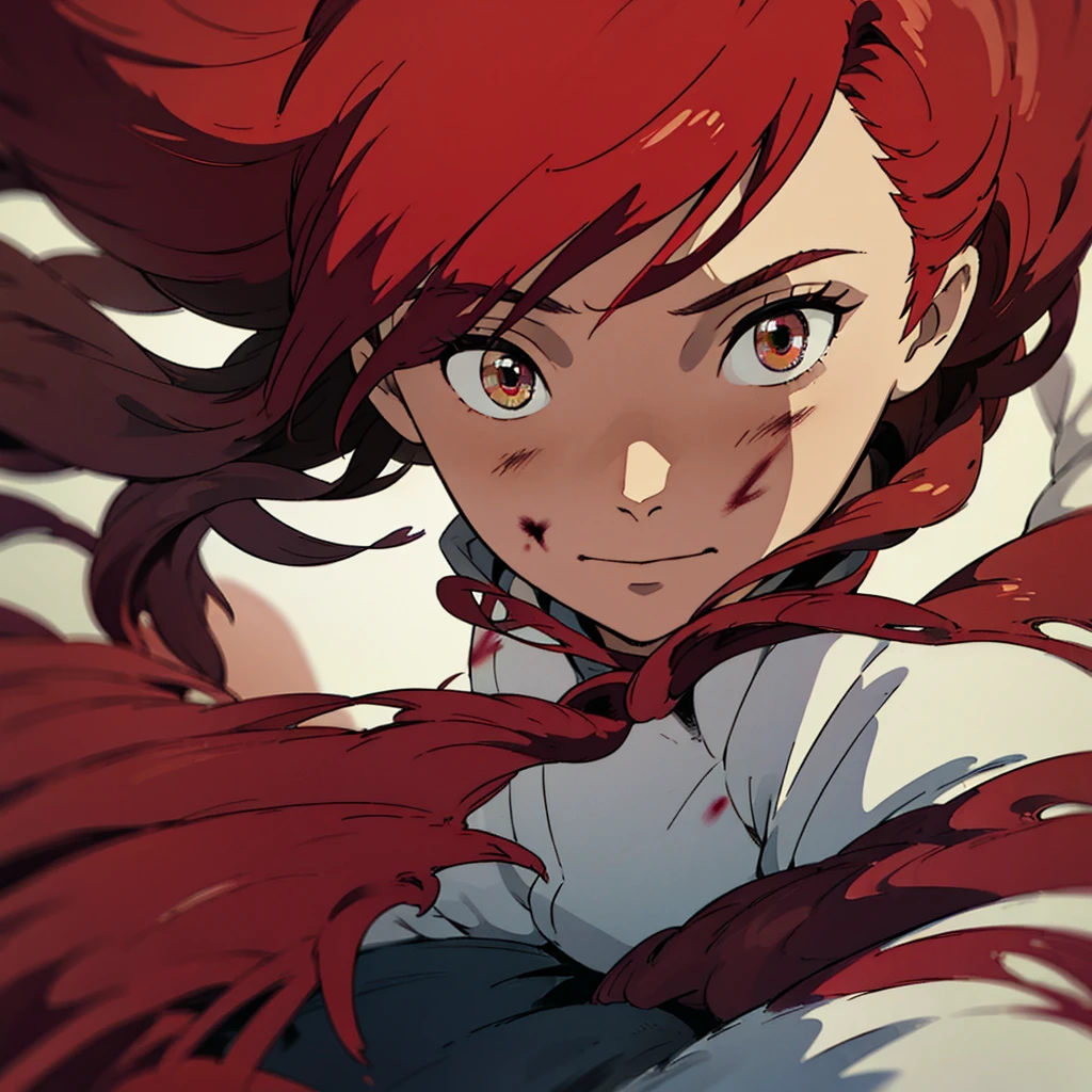 A beautiful age boy standing with his hairs fluttering in wind, his crimson eyes shining in the dark, a slight smirk on his face, Blood red Crimson hair, a hint of seriousness in his face, beautiful detailed face, detailed eyes, detailed anime background, 