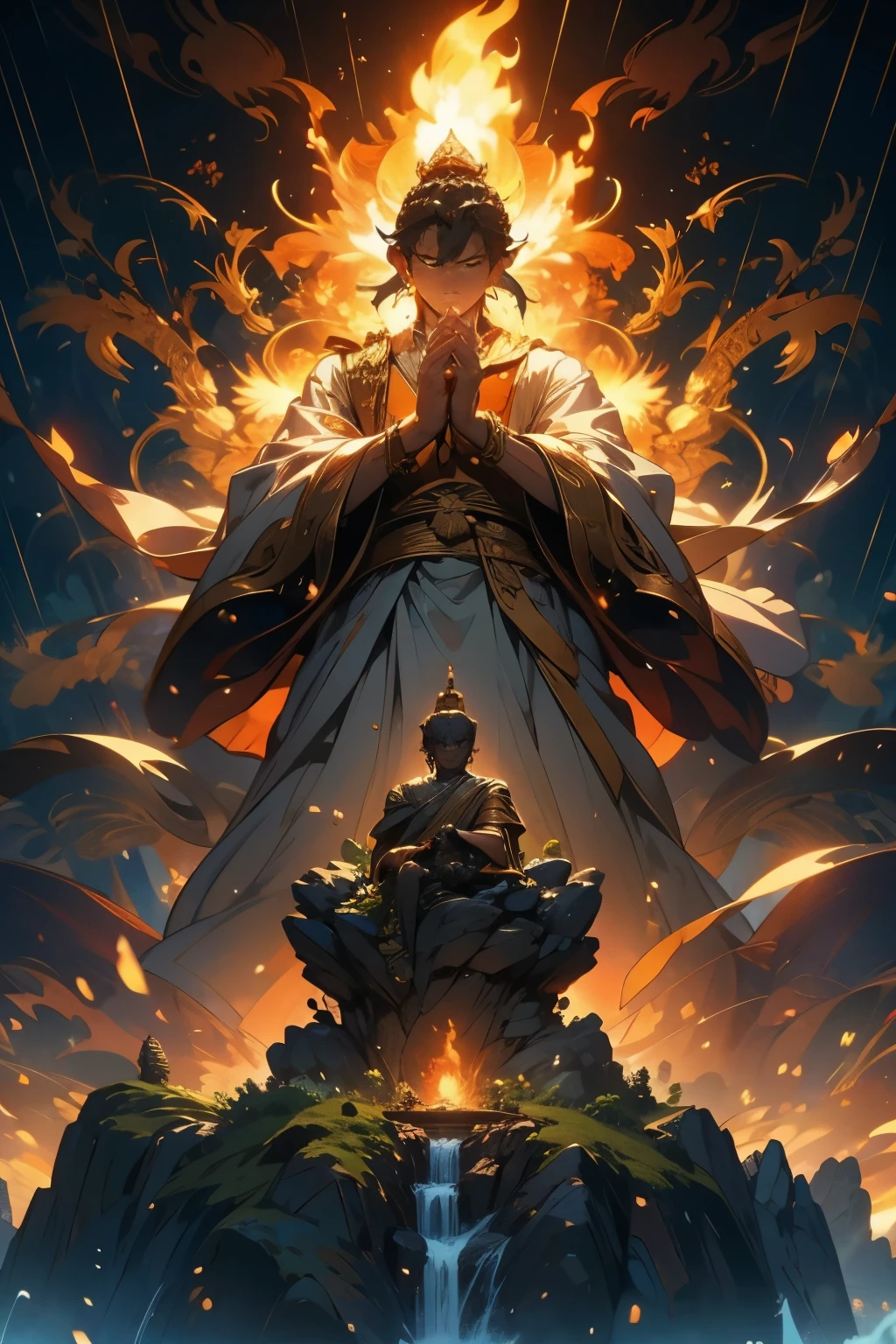 Acala,Buddhist statue,waterfall,High resolution, High resolution, 8k, Masterpiece 2:1,Flame,Sword,With a lasso and an angry expression、I'm trying to save everyone。
In his right hand behind him he holds a sword that will cut off all doubts in his mind.。
Behind him, in his left hand he holds a rope called a lariat to guide things in the right direction.。
The big rock on which he sits is called Iwaseki.、It shows a firm will。
I carry a Flame that burns away all obstacles。