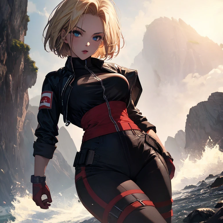 Mysterious Island, Android１８Number, (masterpiece), highest quality, 1girl, uhd, retina, masterpiece, ccurate, anatomically correct, textured skin, super detail, high details, high quality, best quality, highres, 4K