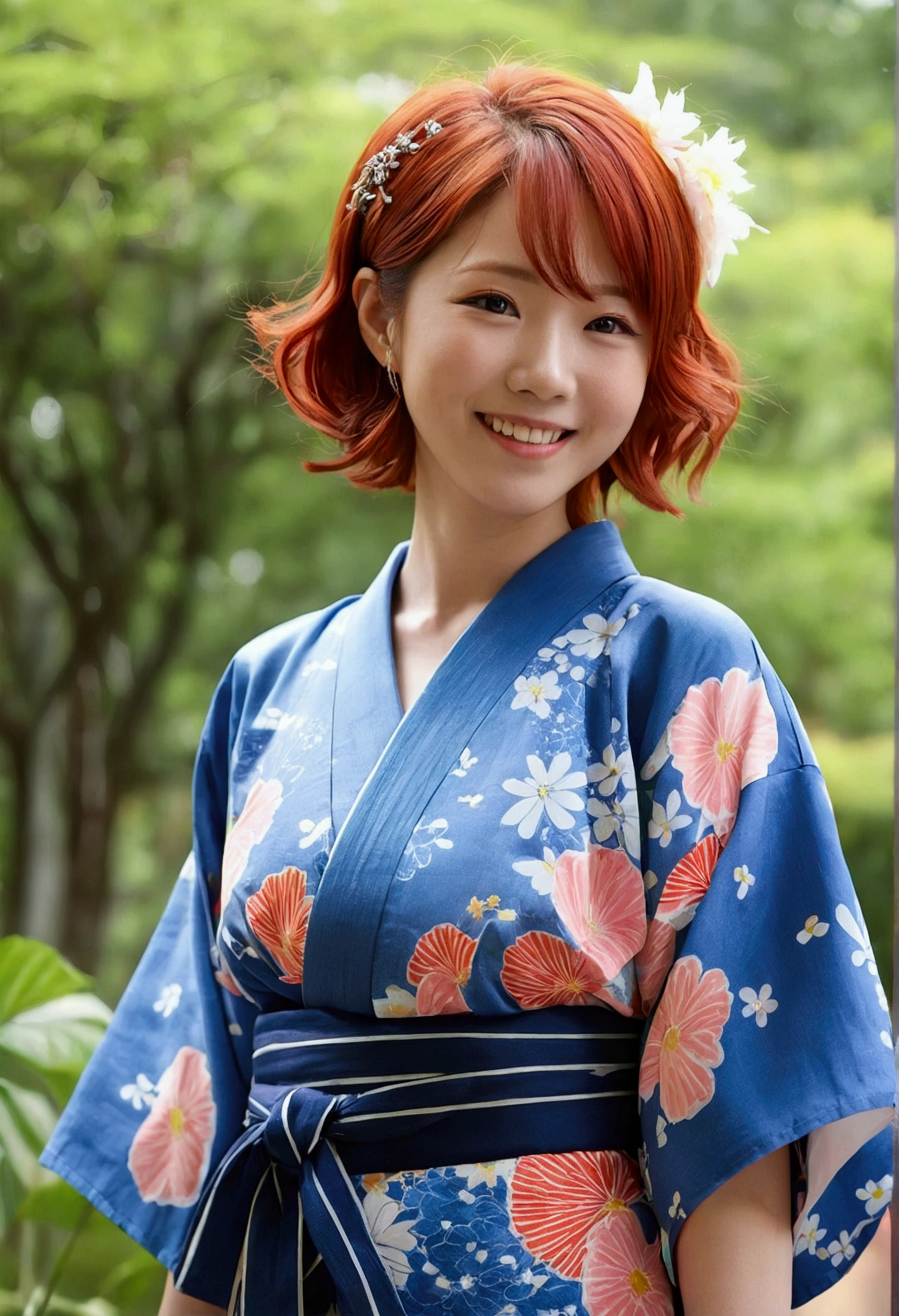 cute、Redhead、short hair、Japanese、Staring at this、Fleeting、masterpiece、Vivid、yukata、Laughter、kind、hair ornaments、turn around,summer