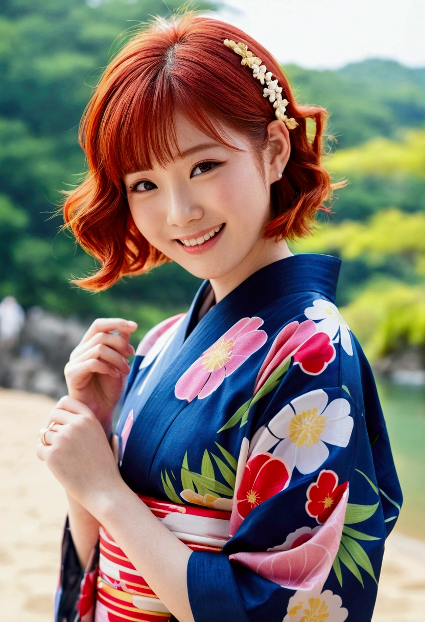 cute、Redhead、short hair、Japanese、Staring at this、Fleeting、masterpiece、Vivid、yukata、Laughter、kind、hair ornaments、turn around,summer
