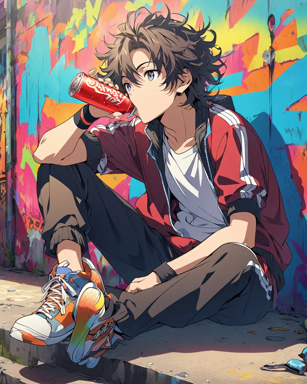 Create a detailed anime illustration of a boy with medium-length, messy hair and a sporty outfit, including a tracksuit, sneakers, and a wristband. He is sitting on a skateboard, sipping a soda, with a relaxed and cheerful expression. Use a vibrant, urban graffiti background to highlight the energetic and youthful atmosphere.