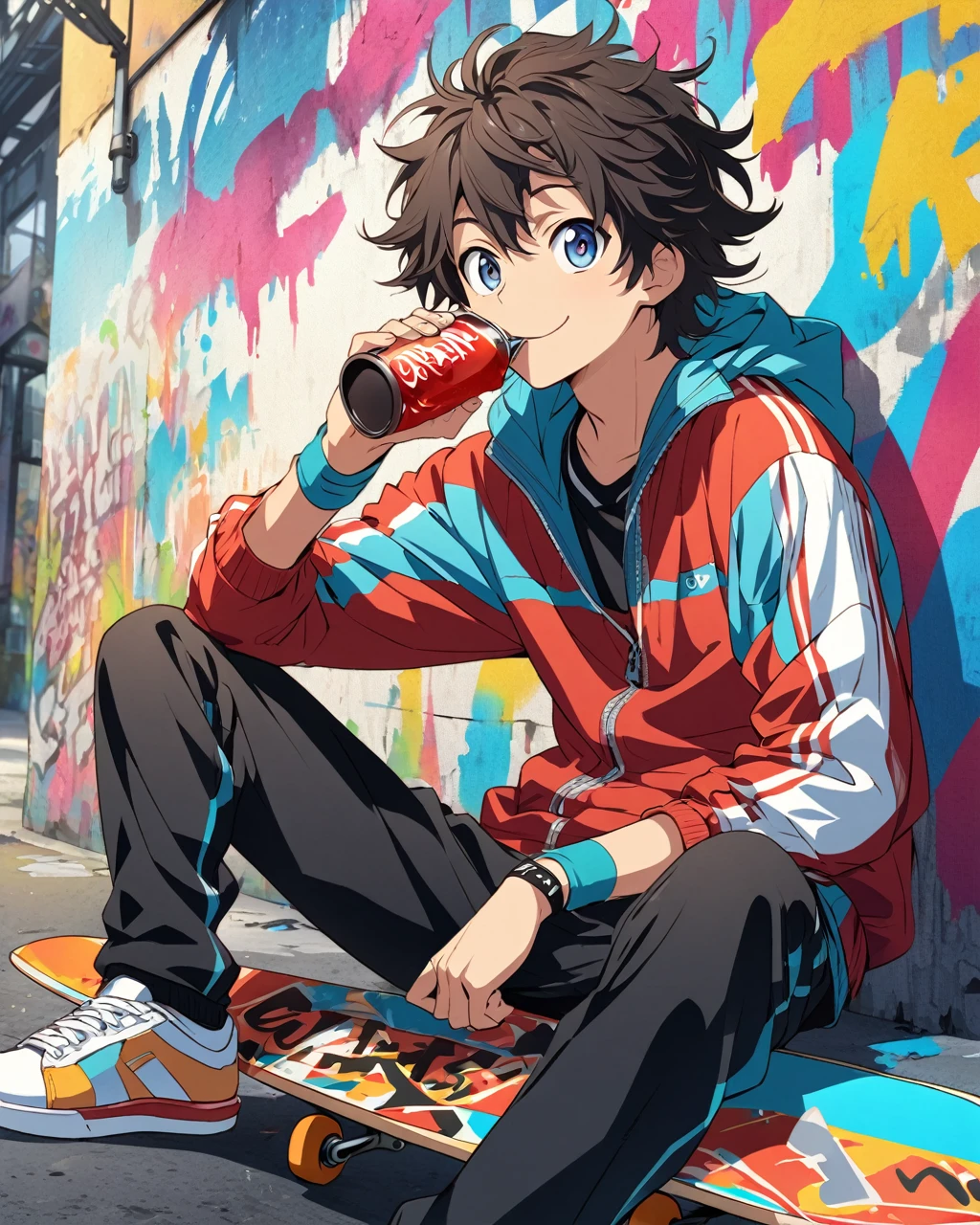 Create a detailed anime illustration of a boy with medium-length, messy hair and a sporty outfit, including a tracksuit, sneakers, and a wristband. He is sitting on a skateboard, sipping a soda, with a relaxed and cheerful expression. Use a vibrant, urban graffiti background to highlight the energetic and youthful atmosphere.