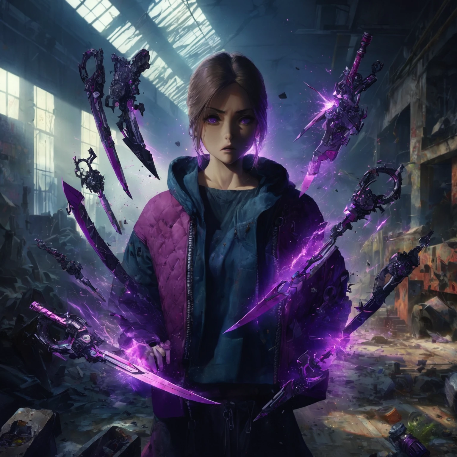 a lady Wearing a very unique casual styled outfit, purple shadows hollow surrounding her, her expression is mostly blank and neutral, with eyes slightly open and a straight mouth, weapons that are made out of purple shadow swirling in the air, more weapons made out of black and purple shadows are floating around her, in an Abandoned Warehouse Environment, A large, empty space with rusted machines, broken windows, and peeling paint, Lighting, Dim, with moonlight streaming through broken windows and flickering industrial lights, Details, Piles of debris, old tools, and machinery parts scattered around. Graffiti and faded signs on the walls, Shadows and sparks from her powers create stark contrasts, Hints her power theme and sparks to illuminate the character, A pose with a slight crouch, ready to move at any moment. Her body is angled defensively, with one hand raised, fingers splayed as if ready to unleash her powers, (nude:0.8), detailed gorgeous face| anime style| key visual| intricate detail| highly detailed| breathtaking| vibrant| panoramic| cinematic| Carne Griffiths| Conrad Roset| gibbli 8k