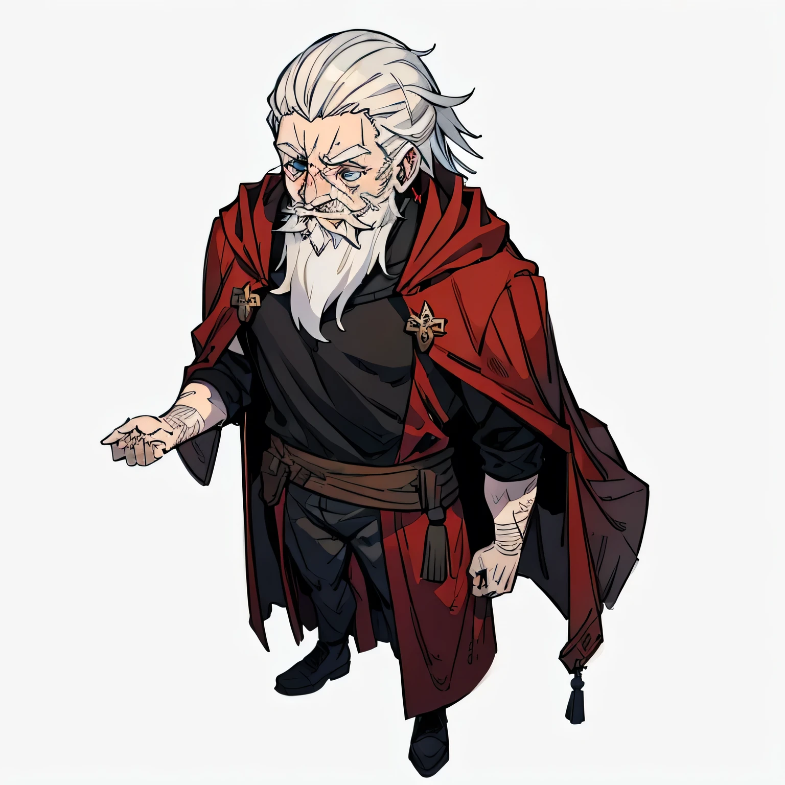a middle-aged man with a beard and white hair, red religious cloak, evil grin, fully body, Eyes red