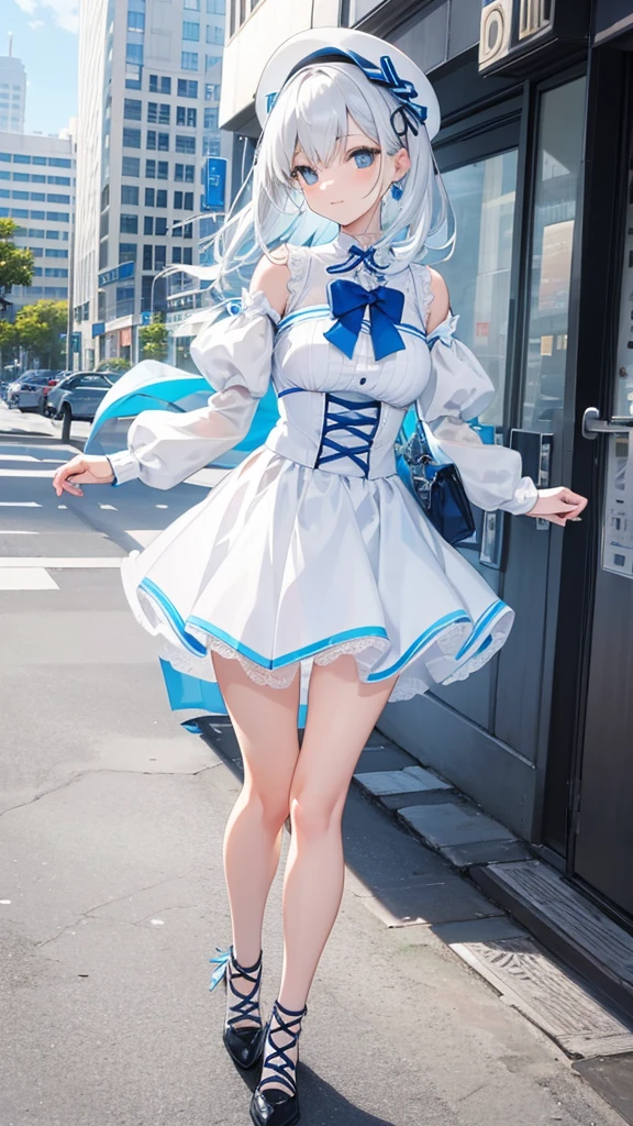 White and blue lace-up short skirt,Waterfront building coast cool white-haired girl((Full body pictures)),Perfectly proportioned body,slim,Lively, Cheerful and happy,Ultra-clear,((Exquisite clothing patterns)),(Sexy)