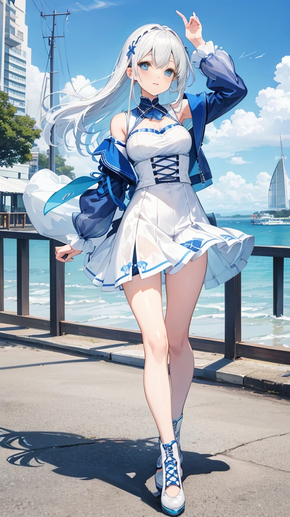 White and blue lace-up short skirt,Waterfront building coast cool white-haired girl((Full body pictures)),Perfectly proportioned body,slim,Lively, Cheerful and happy,Ultra-clear,((Exquisite clothing patterns)),(Sexy)