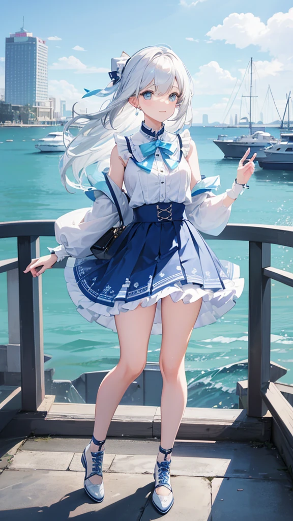 White and blue lace-up short skirt,Waterfront building coast cool white-haired girl((Full body pictures)),Perfectly proportioned body,slim,Lively, Cheerful and happy,Ultra-clear,((Exquisite clothing patterns)),(Sexy)