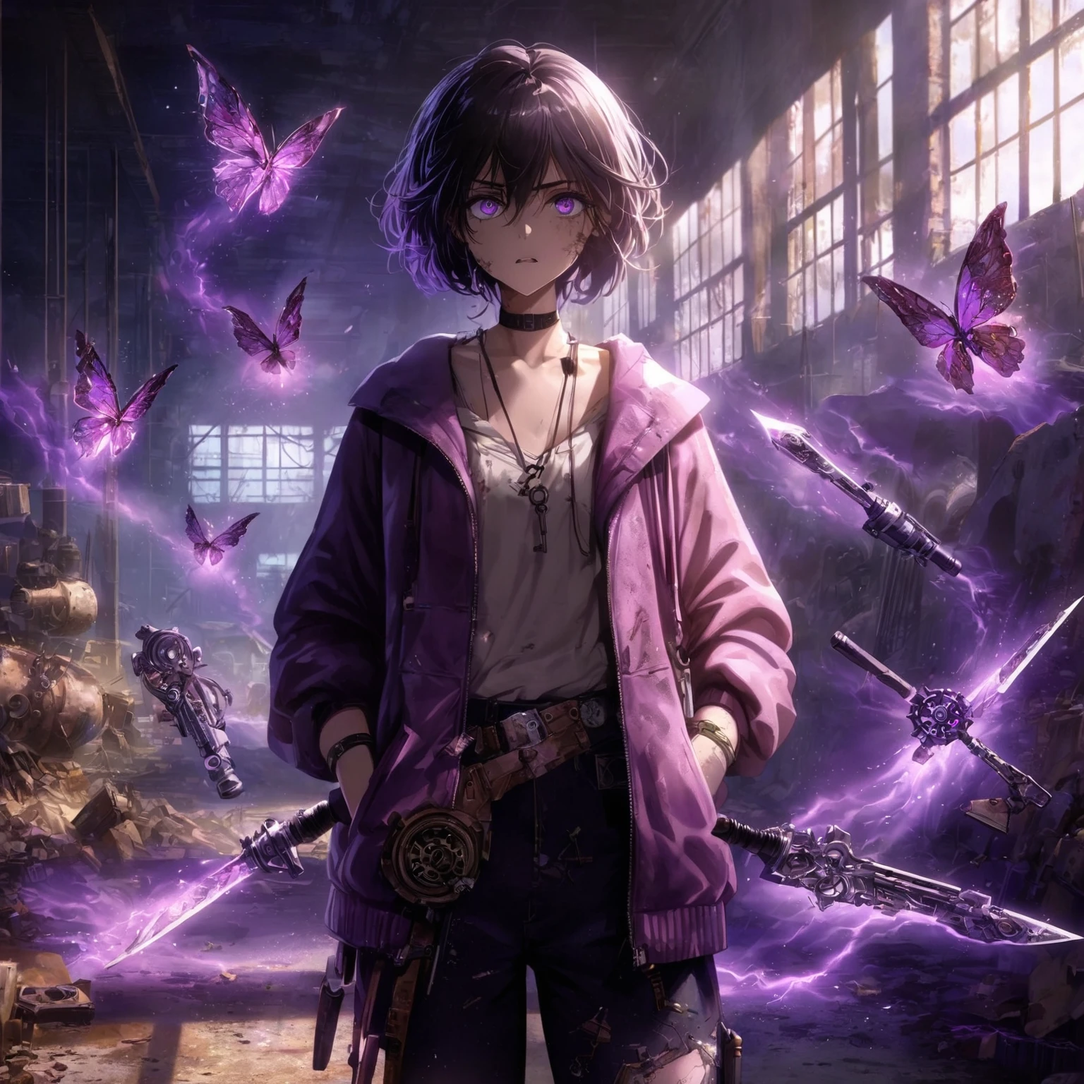 a lady Wearing a very unique casual styled outfit, purple shadows hollow surrounding her, her expression is mostly blank and neutral, with eyes slightly open and a straight mouth, weapons that are made out of purple shadow swirling in the air, more weapons made out of black and purple shadows are floating around her, in an Abandoned Warehouse Environment, A large, empty space with rusted machines, broken windows, and peeling paint, Lighting, Dim, with moonlight streaming through broken windows and flickering industrial lights, Details, Piles of debris, old tools, and machinery parts scattered around. Graffiti and faded signs on the walls, Shadows and sparks from her powers create stark contrasts, Hints her power theme and sparks to illuminate the character, A pose with a slight crouch, ready to move at any moment. Her body is angled defensively, with one hand raised, fingers splayed as if ready to unleash her powers, (nude:0.8), detailed gorgeous face| anime style| key visual| intricate detail| highly detailed| breathtaking| vibrant| panoramic| cinematic| Carne Griffiths| Conrad Roset| gibbli 8k