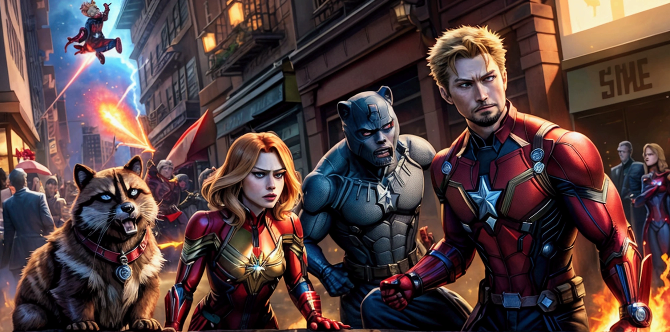 Very detailed,Superhero Waghting Stance,Captain America,Captain Marvel,Iron Man,Thor,Doctor Strange,Ant-Man,Groot,Rocket Raccoon,Spider-Man,Black Panther,Black Widow,Hawkeye,the hulk,Scarlet Witch,Attack each other,Intricate details,There are other superheroes in the distance,Collapsed streets,The flames of war,realistic
